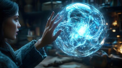 Naklejka premium Futuristic entrepreneur reaching towards a glowing orb of light