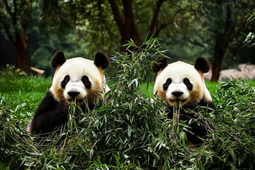 Obraz premium Chengdu's giant pandas enjoy bamboo meals