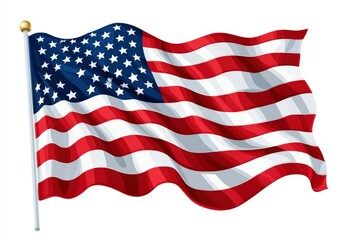 Fototapeta premium An American flag proudly waves in the wind against a white background