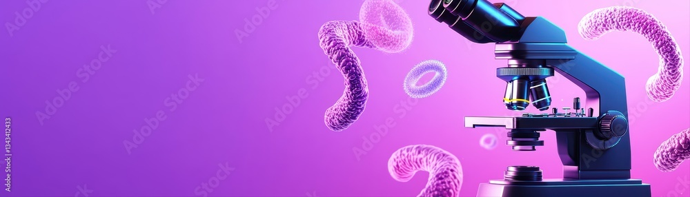 Poster futuristic scientist using microscope to explore microorganisms in colorful laboratory setting