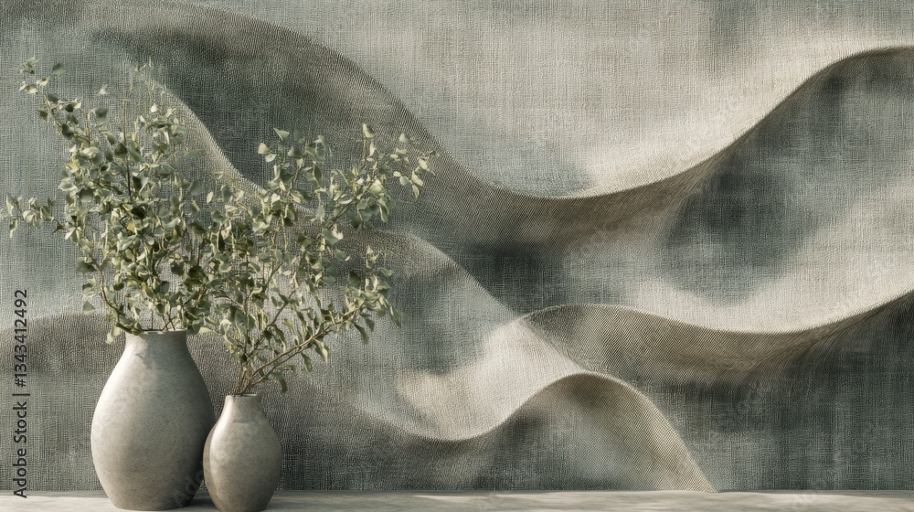 Poster elegant textured background with simple vases and greenery