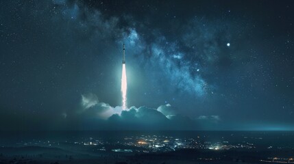 Obraz premium Celestial ascent: A rocket launching into the mystical starry night sky