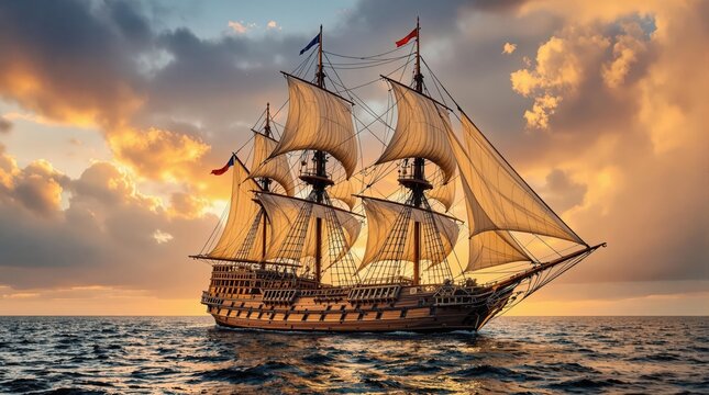 Historic sailing vessels from 18 th-century wooden tall ship with three masts and full canvas sails billowing in wind against dramatic golden sunset over calm ocean waters with no people present