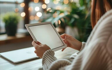 Young woman using a tablet computer while sitting at a desk in an office, close-up of a hand holding a digital device with a blank screen, a mockup for a text and information technology concept. 