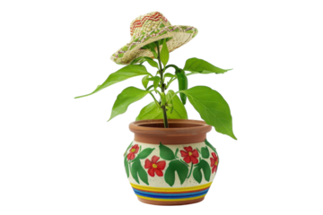 A charmingly decorated plant pot wearing a colorful straw hat indoors during bright daylight