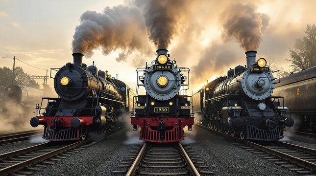 Historic steam train yard at dawn with three generations of locomotives on parallel tracks showcasing evolution from 1890 s wood-burning engine to 1940 s streamlined model in morning light