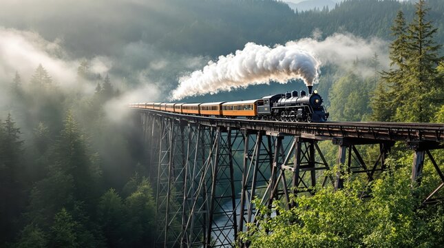 Historic steam train crossing tall wooden trestle bridge over forested valley with river and morning mist, featuring preserved 1930 s locomotive pulling wooden passenger cars in early sunlight