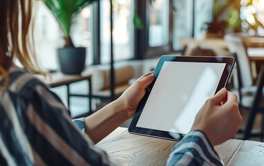 Young woman using a tablet computer while sitting at a desk in an office, close-up of a hand holding a digital device with a blank screen, a mockup for a text and information technology concept. 