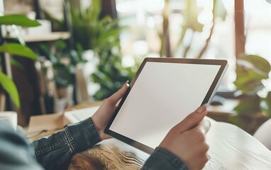 Young woman using a tablet computer while sitting at a desk in an office, close-up of a hand holding a digital device with a blank screen, a mockup for a text and information technology concept. 