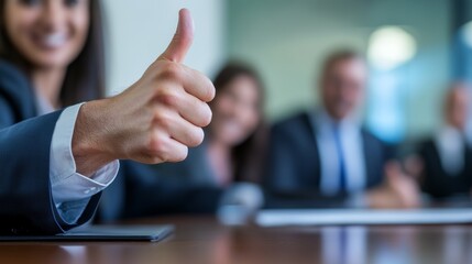 Successful business meeting highlighted by team member s thumbs up gesture of approval