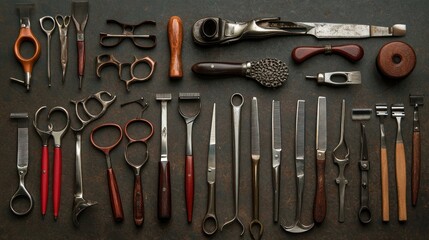 Vintage barber tools and antique hairdressing equipment collection on dark background.