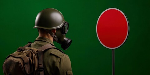 Fototapeta premium Figure in Protective Gear Confronting a Red Circular Sign against Green Backdrop Safety and Preparation