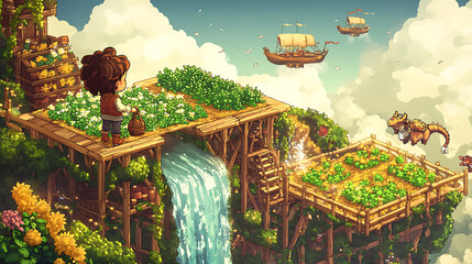 A floating island farm with enchanted crops and mystical creatures.