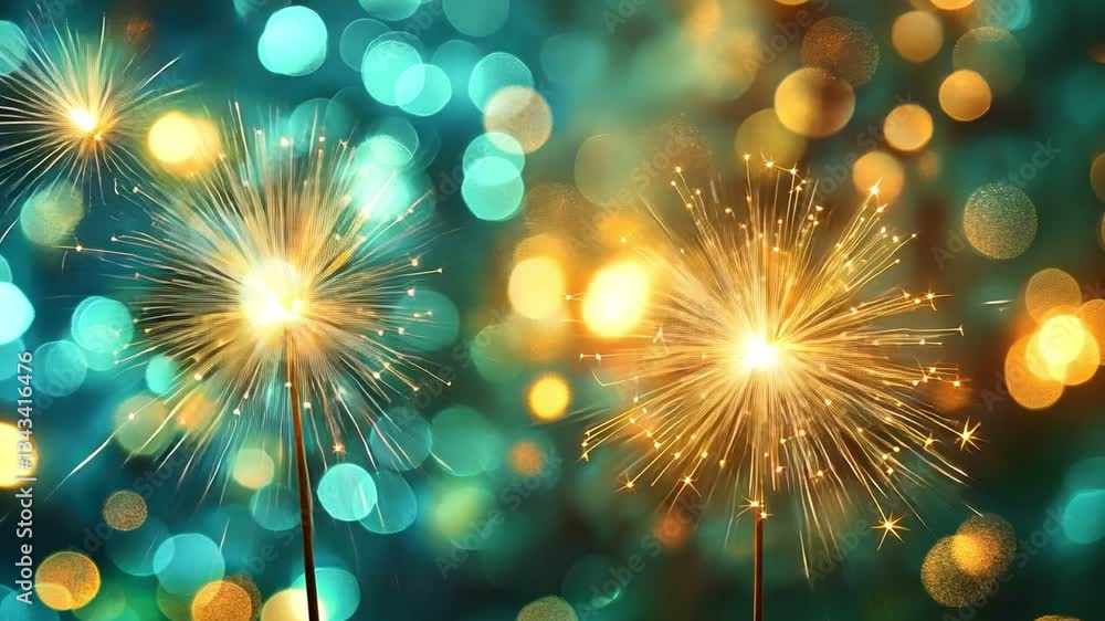 Poster sparkling spectacle: an artistic display of golden fireworks ignites against a backdrop of teal and 