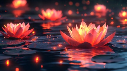 Glowing neon lotus flowers floating on a digital pond