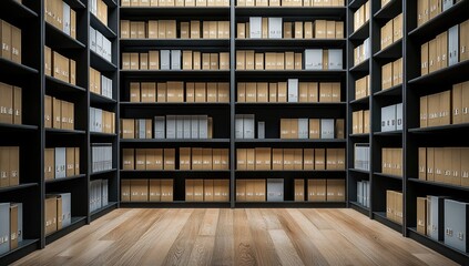 Organized storage room with wooden floor
