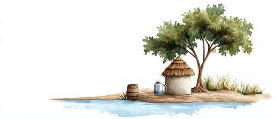 Tranquil Scene of Traditional Hut by the Riverside Under the Shade of a Verdant Tree Illustration