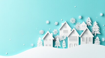Serene Winter Wonderland Concept of Snowy Village with Paper Cut Decorations and Soft Colors