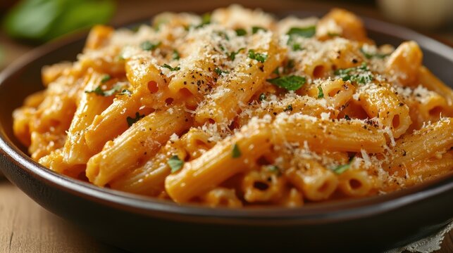 A vibrant orange pasta dish, its surface kissed by the sweetness of pumpkin and adorned with fresh basil and grated Parmesan.