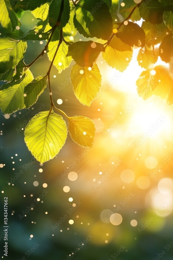Poster sunlit forest canopy. serene nature background with dappled light and bokeh, space for text