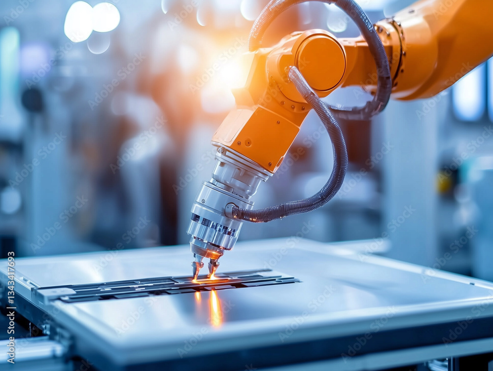 Poster robotic arm with precise mechanical design is performing task on metal surface in industrial setting, showcasing advanced technology and automation