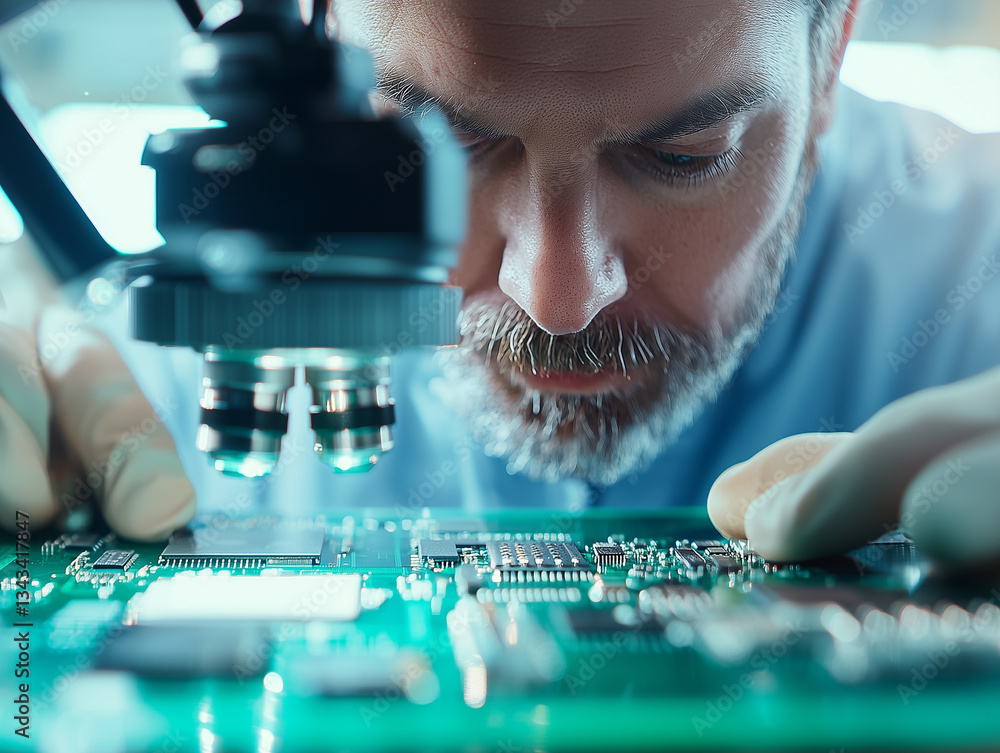 Poster man intensely examines circuit board under microscope, showcasing precision and focus in electronics lab. close up highlights intricate details of components