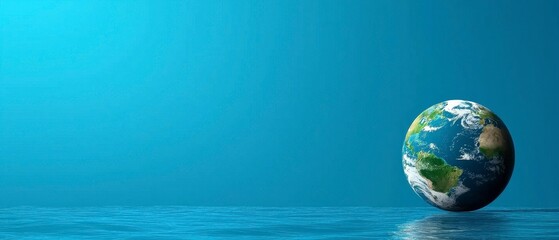 Fototapeta premium Earth Planet Globe Floating in Tranquil Ocean Reflecting Light Against Light Blue Gradient Backdrop