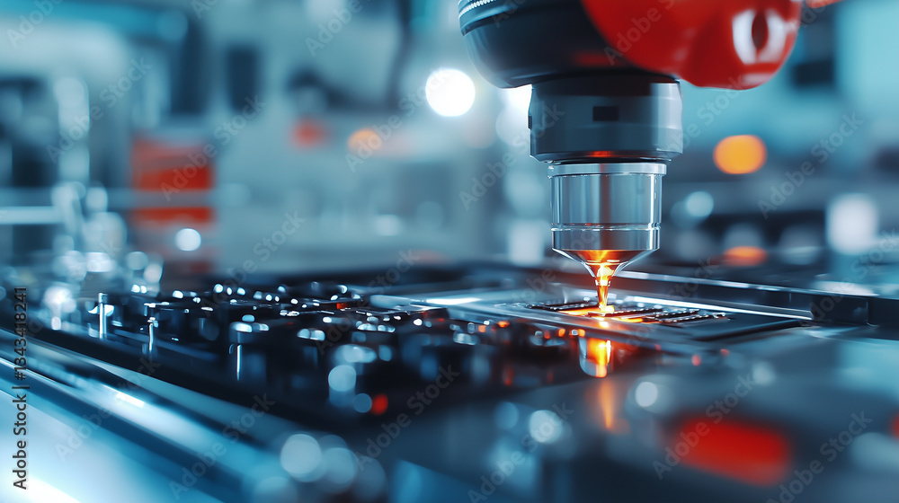 Poster close up of robotic arm with precision tools in action, working on circuit board in high tech manufacturing environment. scene is illuminated with futuristic glow