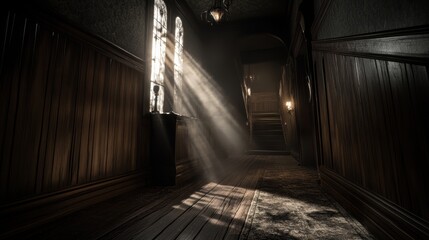 Dark and Mysterious Hallway with Sunlight Beaming Through Old Windows in Abandoned Building