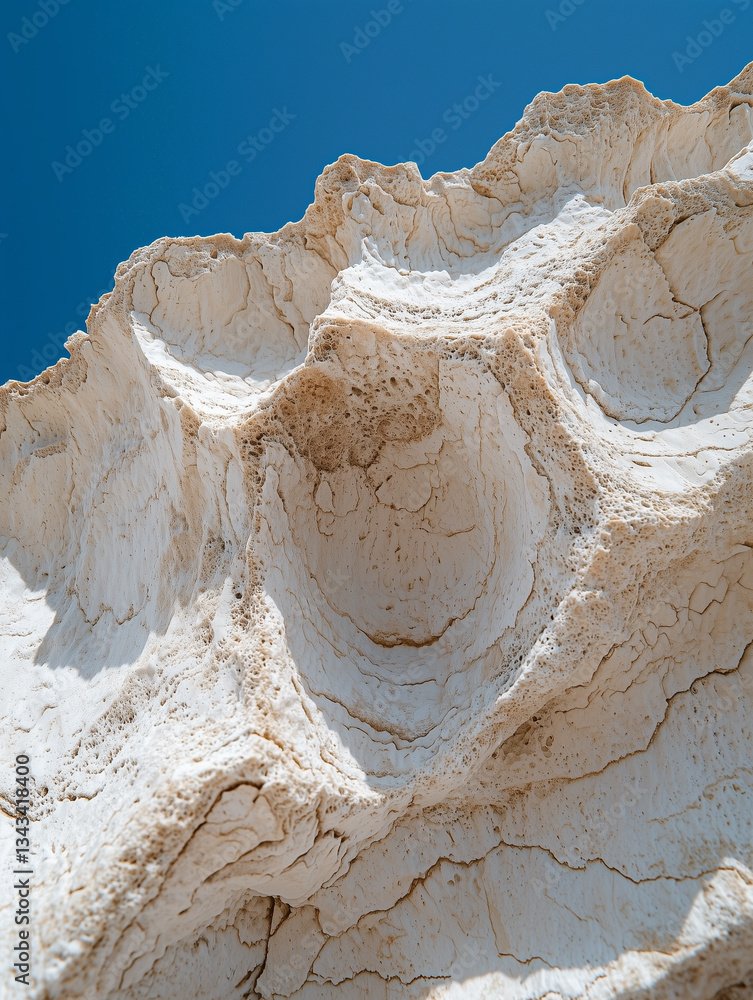 Poster detailed macro image of limestone surface captures intricate textures and layers against clear blue sky, showcasing natural erosion and geological formations