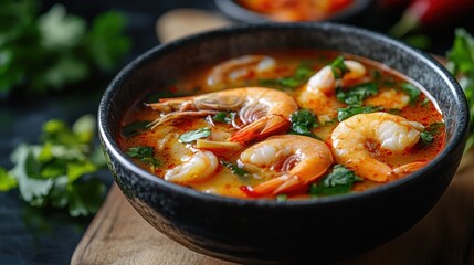 A vibrant tapestry of flavors and textures, Tom Yum Kung soup, a spicy and fragrant Thai delicacy, tantalizes the taste buds with its aromatic broth, succulent shrimp, and lemongrass, creating a