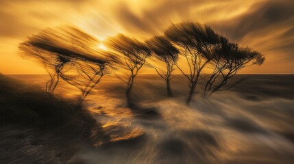 Obraz premium Dynamic Sunset with Silhouetted Trees and Motion Effect