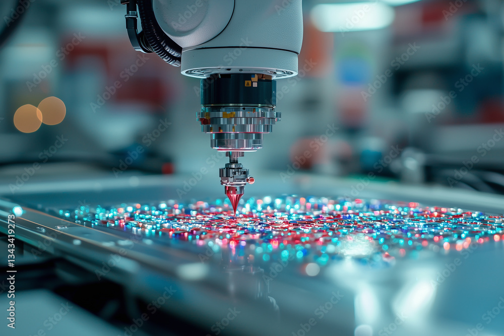 Poster robotic arm precisely assembles colorful electronic components on circuit board, showcasing advanced technology in modern laboratory setting