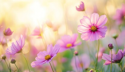 Pink cosmos flowers in sunlight