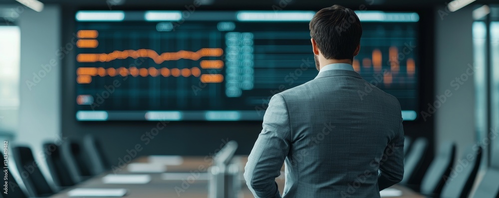 Poster a businessman observes data on a digital screen in a modern conference room, emphasizing analytics a