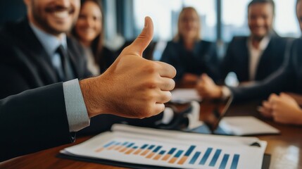 Positive feedback in business meeting  team member displays thumbs up gesture of approval