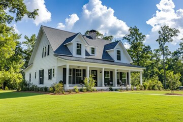 A beautiful white house with a large front porch and green grass