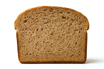 A perfectly toasted slice of whole wheat bread, showcasing its rustic texture and warm golden brown crust against a bright white background.
