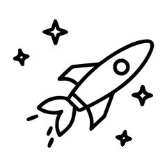 A continuous one-line drawing of a simple retro spacecraft flying upward into outer space. The illustration is minimalistic and artistic