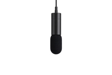 Obraz premium A modern black microphone with a foam windscreen hovers in darkness, evoking clarity, precision, and the essence of spoken or recorded sound, isolated on a transparent background