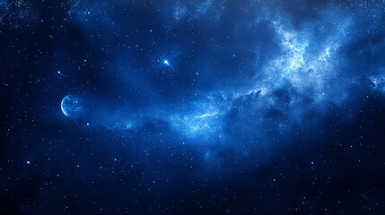 Fototapeta premium Vast cosmic landscape featuring a serene blue nebula with distant stars and planets