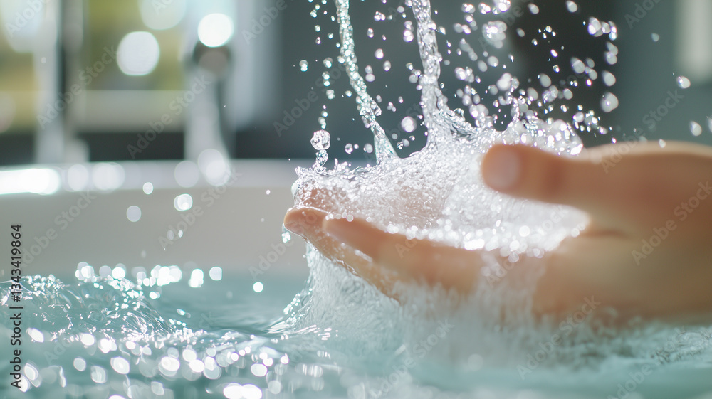 Poster close up of hand catching water from faucet, creating splash in sink. image captures freshness and c