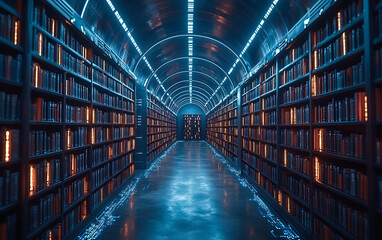 Fototapeta premium Futuristic Digital Library with Holographic Bookshelves 