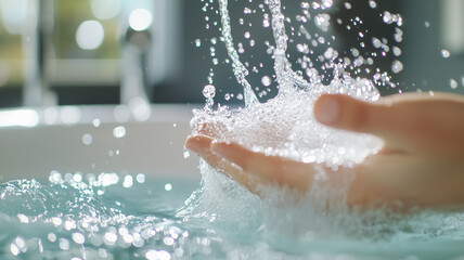 close up of hand catching water from faucet, creating splash in sink. image captures freshness and clarity of water, emphasizing cleanliness and purity