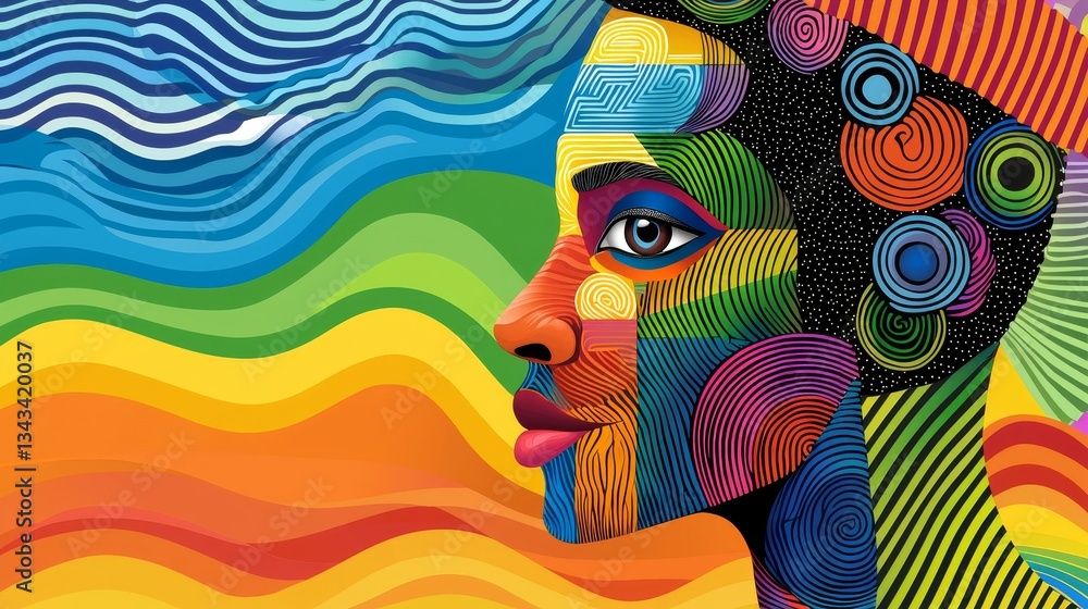 Poster a vibrant, abstract portrait featuring colorful patterns and waves, representing cultural expression
