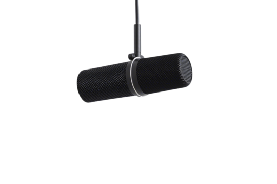 A professional black cylindrical microphone suspended from a cable, designed for podcasting, radio broadcasting, or high-fidelity vocal recording, isolated on a transparent background