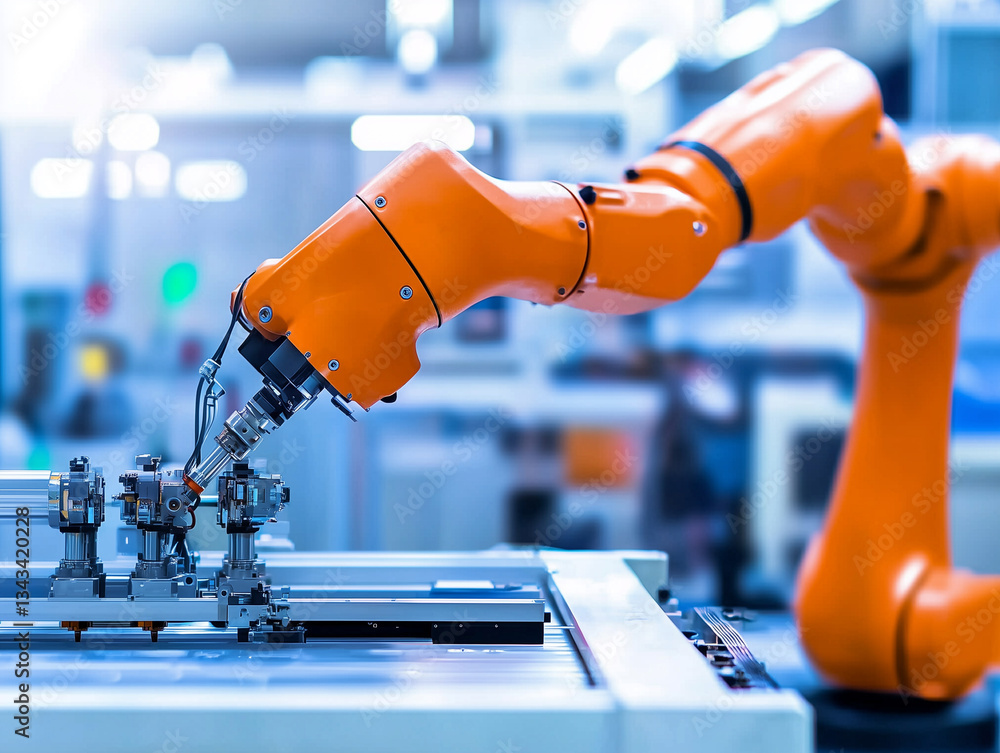 Aufkleber robotic arm is assembling components in modern industrial setting, showcasing advanced technology an