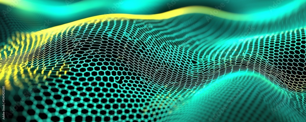 Poster a vibrant, abstract representation of waves formed by a mesh pattern, blending teal and yellow color