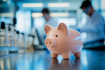 Pink Piggy Bank on Table in Modern Laboratory with Scientists Working in Background