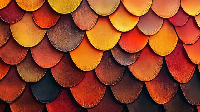 A close-up of overlapping textured scales in rich shades of orange, red, and brown. The pattern resembles dragon scales or fish scales, creating a dynamic and visually striking abstract design.